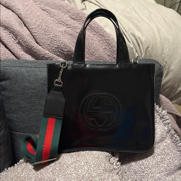 GUCCI Black Tote Bag with Green and Red Strap